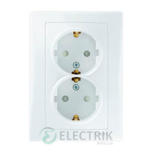 Розетка с заземлением двойная и защитными шторками, белый, Sedna SDN3000421