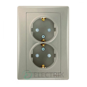 Розетка с заземлением двойная и защитными шторками, титан, Sedna SDN3000468