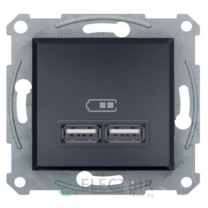 Розетка USB, 2 выхода 2.0, 5V-DC, макс 2.1A, антрацит, Asfora EPH2700271