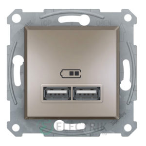 Розетка USB, 2 выхода 2.0, 5V-DC, макс 2.1A, бронза, Asfora EPH2700269