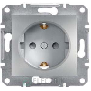 Розетка с заземлением, с защитными шторками алюминий, Asfora EPH2900261
