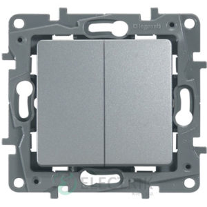 Выключатель 2-клавишный проходной, алюминий Legrand Etika