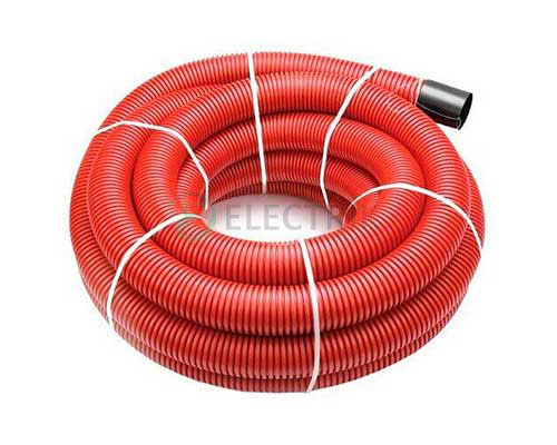 Двустенная труба ПНД гибкая для кабельной канализации д.63мм с протяжкой и муфтой, SN13, в бухте 100м, цвет красный, 121963100, ДКС