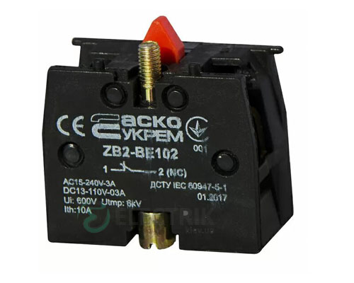 Дополнительный контакт ZB2-BE102 (НЗ) для кнопок, АСКО-УКРЕМ